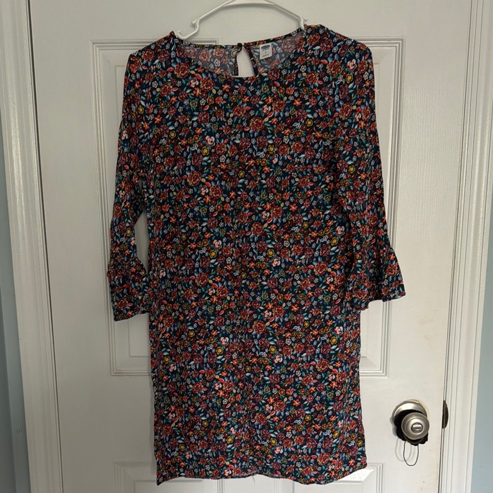 Floral Shift Dress with Bell Sleeves - Navy Multi